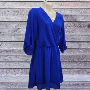 Tovia Women's Blouse Blue Large 3/4 Sleeve Layers V-neck Sheer